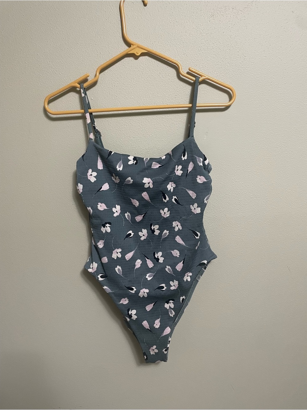 Anthropologie Floral One-Piece Swimsuit in Slate Blue with Pink Accents